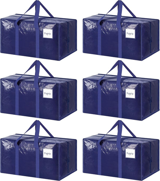 6 Pack Extra Heavy Duty Large Moving Bags with Strong Zipper & Comfortable Handles, Sturdy & Durable Clothes Storage Bags Totes