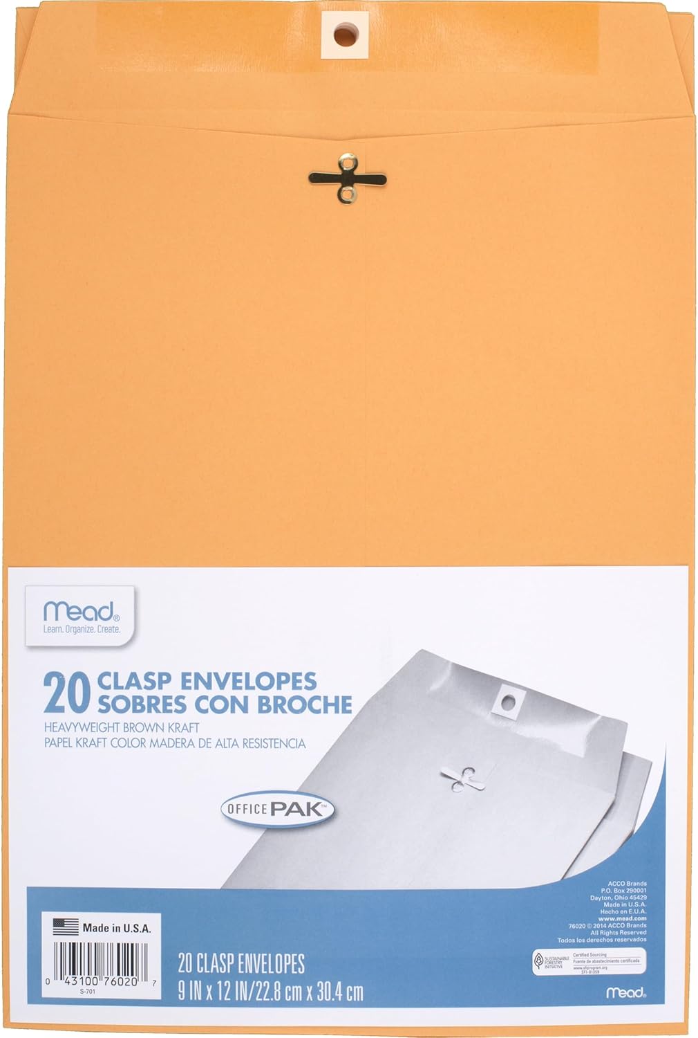 Mead Envelopes, 9" x 12", Clasp Closure, Brown Kraft All-Purpose 24-lb Paper Mailing Envelopes, 20 Count