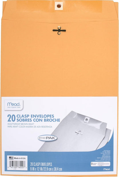 Mead Envelopes, 9" x 12", Clasp Closure, Brown Kraft All-Purpose 24-lb Paper Mailing Envelopes, 20 Count