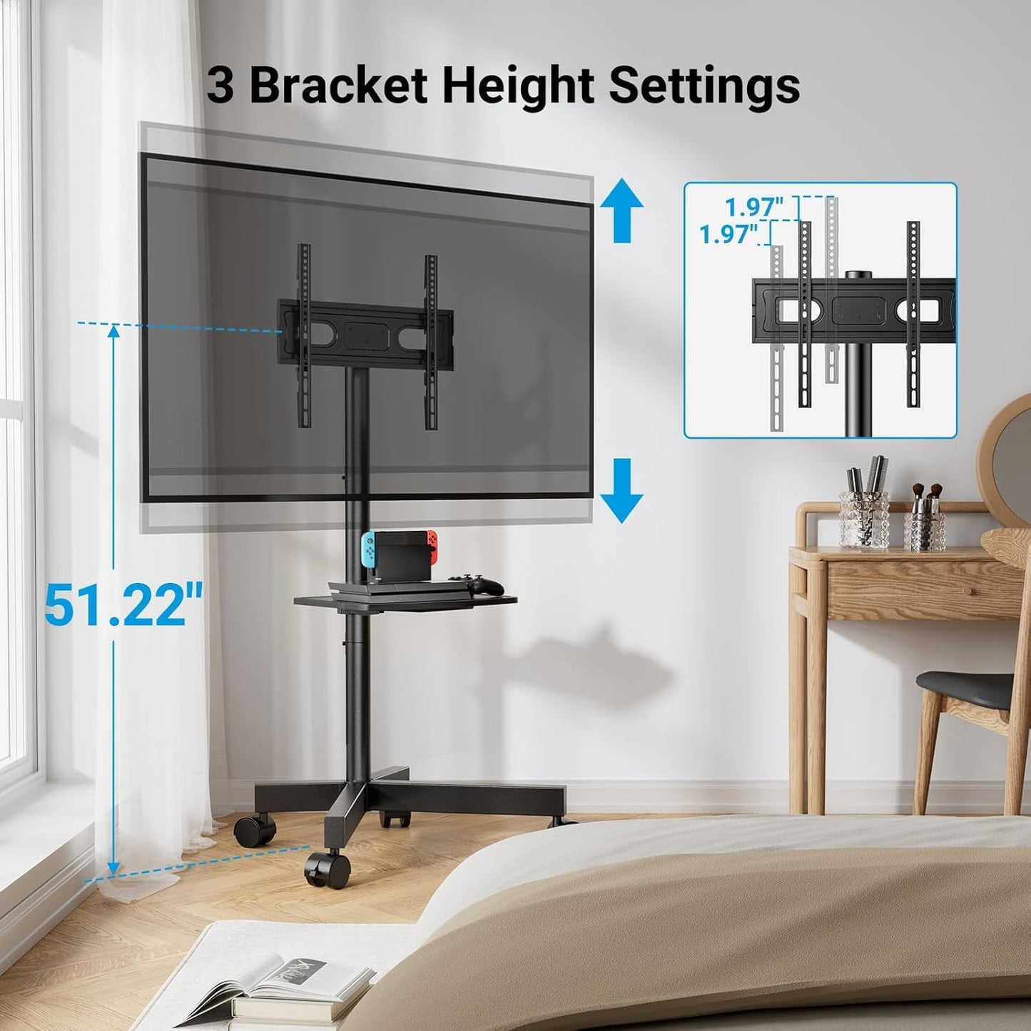 PERLESMITH Rolling TV Stand, Mobile TV Stand for 23-60 Inch LCD LED TVs, Tilt TV Stand Wheels Holds up to