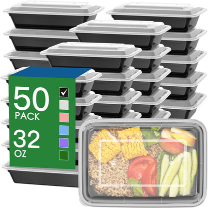 50 Pack (100-Piece) 32 oz Meal Prep Containers Reusable with Easy Open Lids, Sturdy Leakproof Food Safe, Microwave Freezer Dishwasher