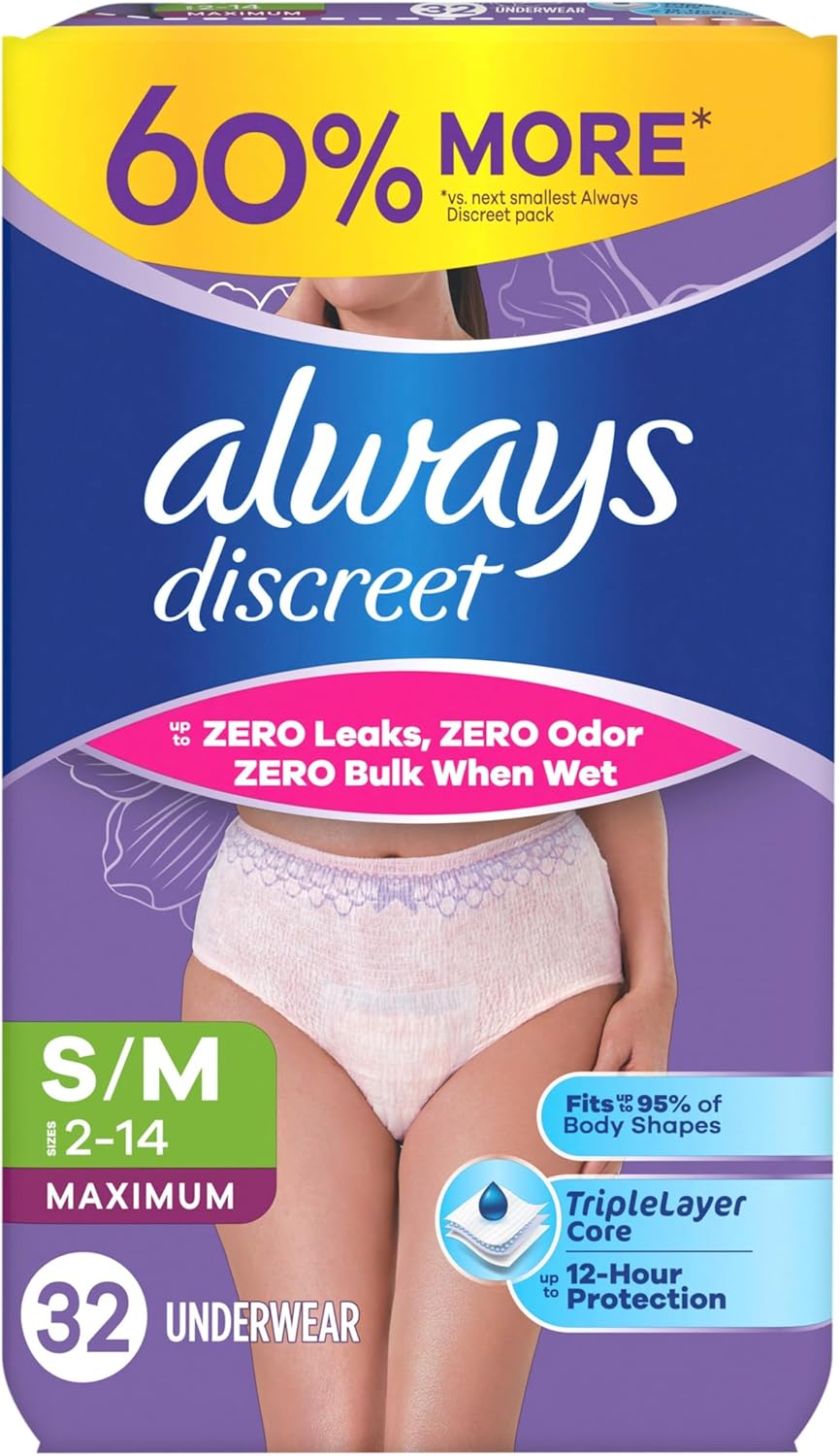 Always Discreet Adult Diapers for Women, Incontinence Underwear, Postpartum Essentials, Disposable Briefs, Max Absorbency, Bladder Leak