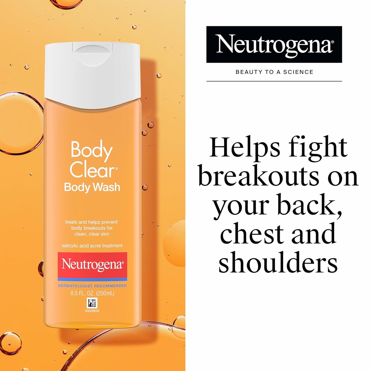 Neutrogena Body Clear Acne Body Wash, 2% Salicylic Acid Acne Medication, Oil-Free & Glycerin for Breakouts on Back, Chest &