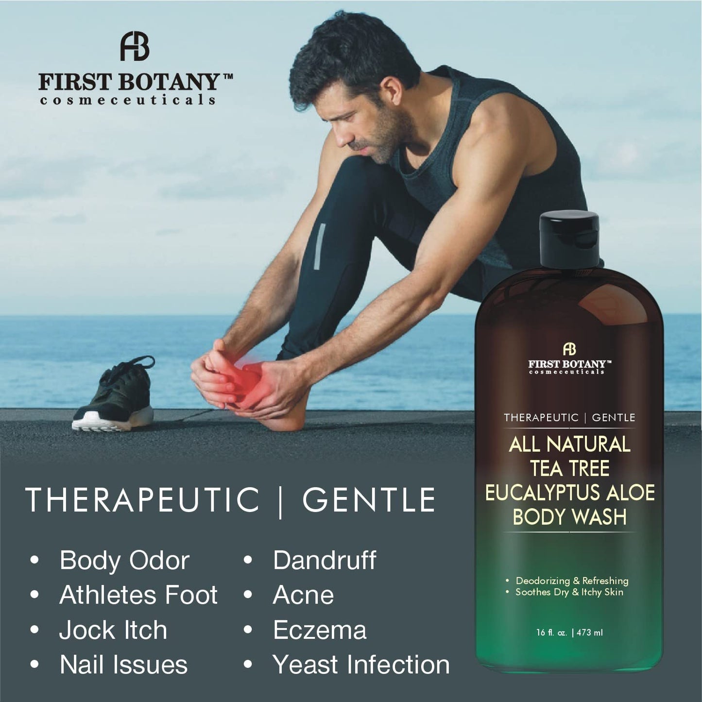 First Botany, ALL Natural Body Wash - Fights Body Odor, Athlete's Foot, Jock Itch, Nail Issues, Dandruff, Acne, Eczema, Shower Gel for Women &