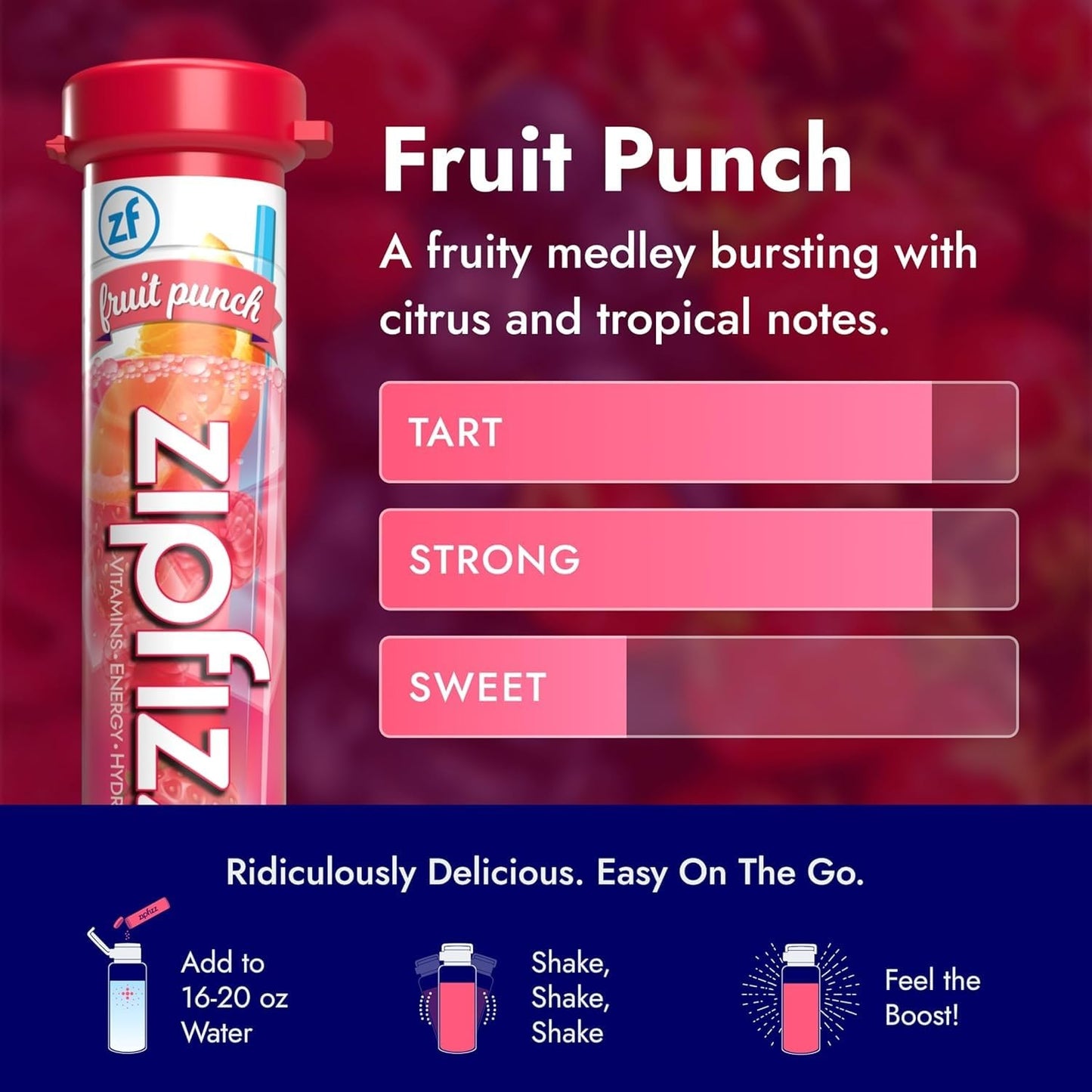 Zipfizz Daily Energy Drink Powder, Fruit Punch, 20 Pack 3-in-1 Sustained Energy, Rapid