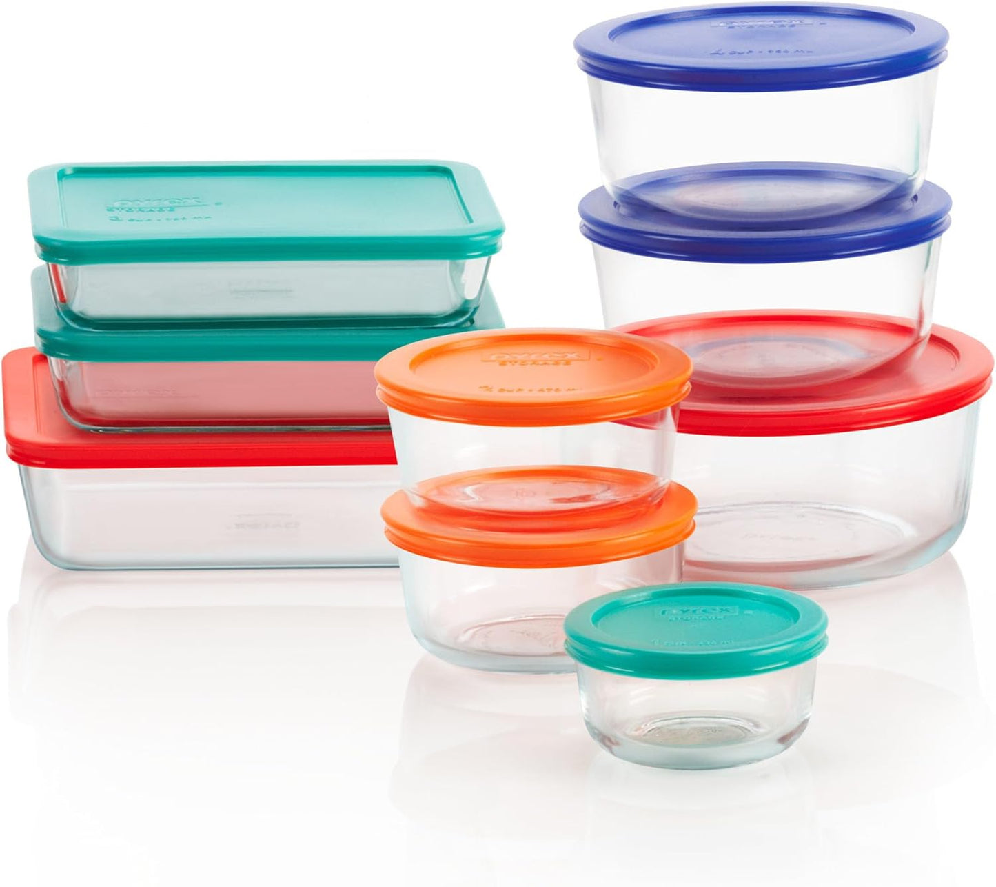 Pyrex Simply Store (9-Pack) Mixed Sized Glass Food Storage Set, Round & Rectangular Containers With Plastic Lids
