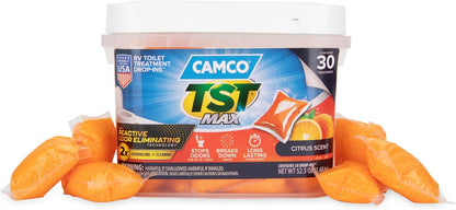 Camco TST MAX RV Toilet Treatment Drop-INs - Control Unwanted Odors & Break Down Waste and Tissue - Safe Septic Tank Treatment - Orange Scent, 30-Pack