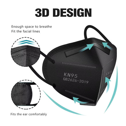 LEMENT 50pcs KN95 Face Mask Black 5 Layer Cup Dust Safety Masks Filter Efficiency95% Breathable Elastic Ear Loops Black Masks