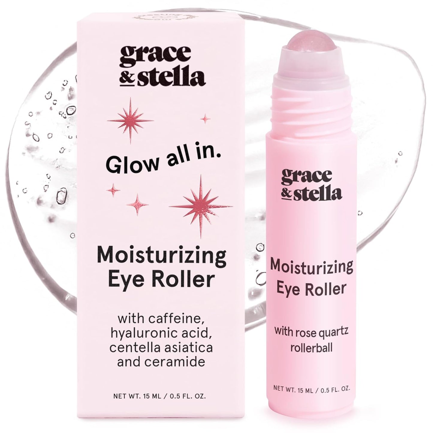 grace & stella Under Eye Brightener with Rose Quartz Rollerball - Centella Asiatica & Caffeine Under Eye Serum for Dark Circles & Puffiness - Travel