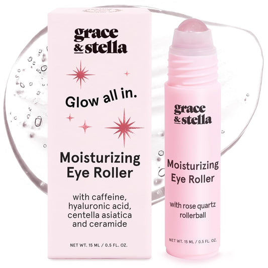 grace & stella Under Eye Brightener with Rose Quartz Rollerball - Centella Asiatica & Caffeine Under Eye Serum for Dark Circles & Puffiness - Travel