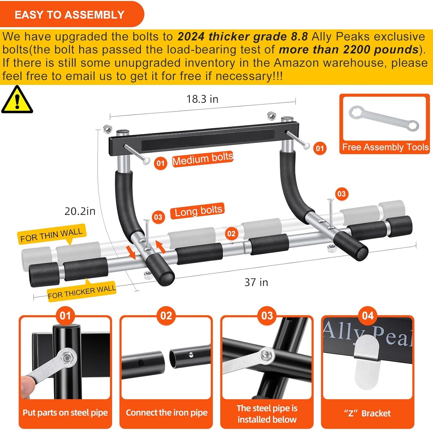 Ally Peaks Pull Up Bar for Doorway, Thickened Steel Max Limit 440 lbs Upper Body Fitness Workout Bar| Multi-Grip Strength for