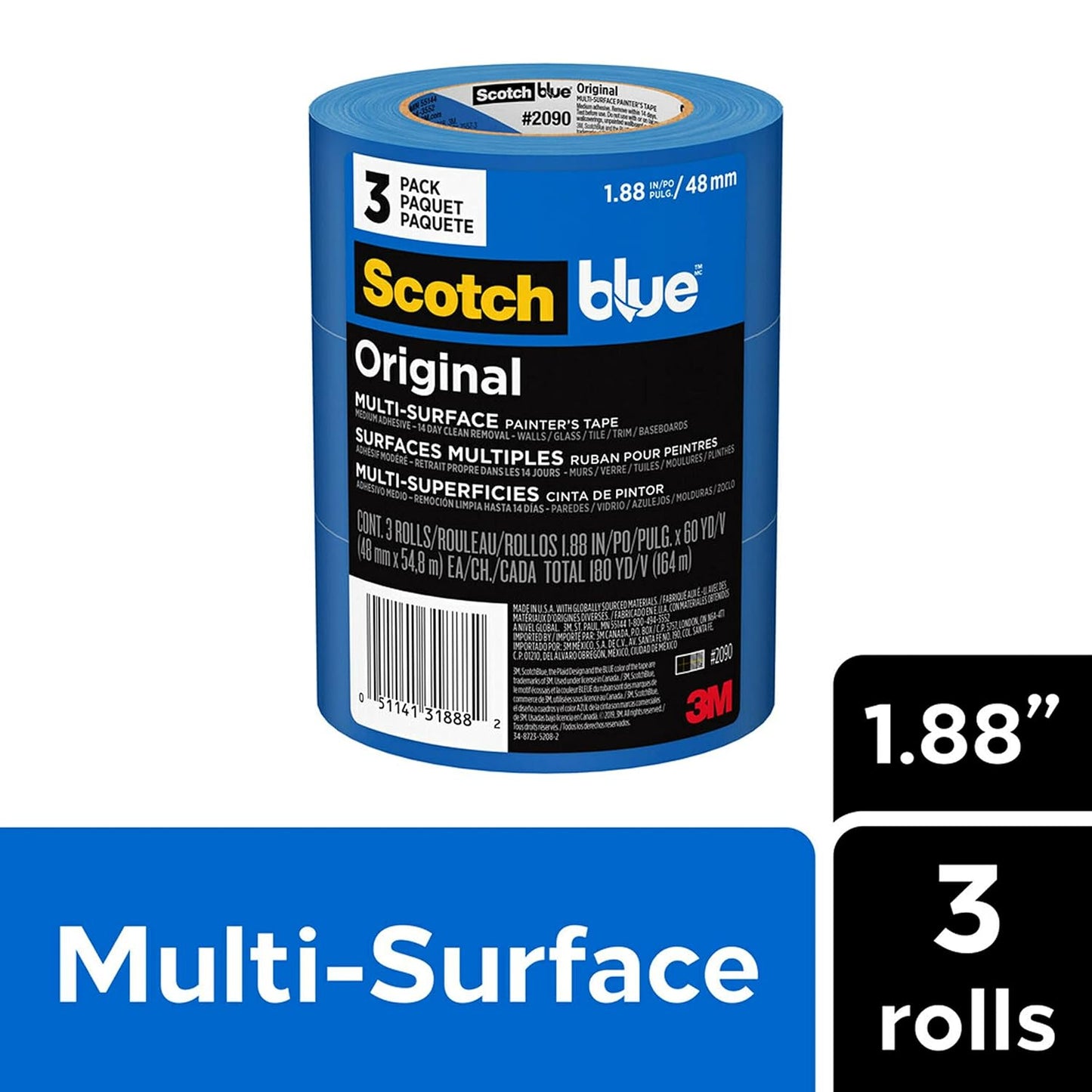 ScotchBlue Original Multi-Surface Painters Tape, 2 Inch Wide (1.88 in. x 60 Yds), 3 Rolls, Blue Paint Tape Protects and Removes
