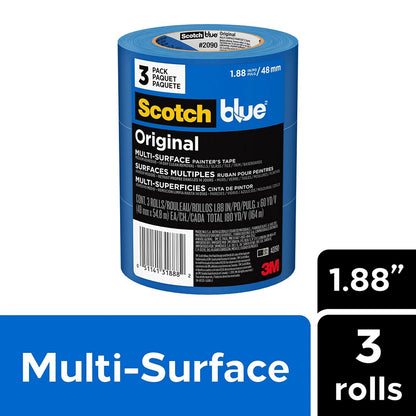 ScotchBlue Original Multi-Surface Painters Tape, 2 Inch Wide (1.88 in. x 60 Yds), 3 Rolls, Blue Paint Tape Protects and Removes