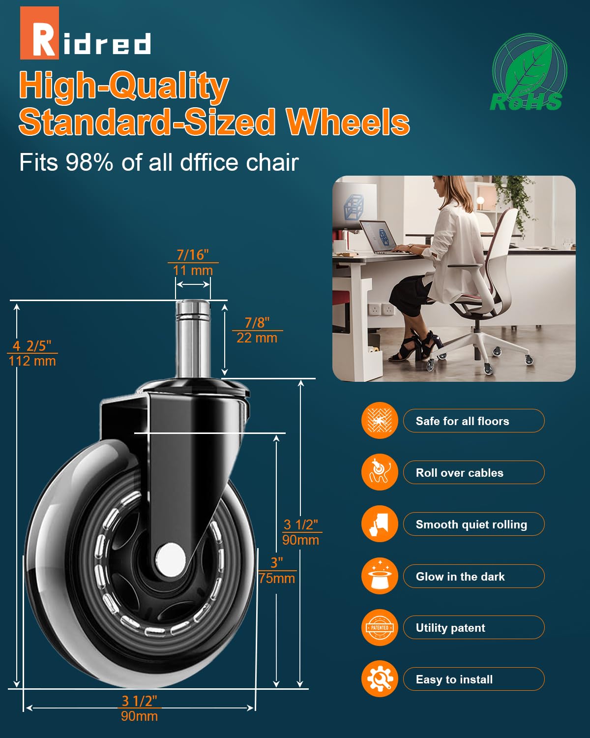 RidRed Office Chair Wheels - Replacement Rubber Wheels - Universal Fit 3 Inch Casters, Heavy-Duty Chair Casters, Noise Free, Fits 98%