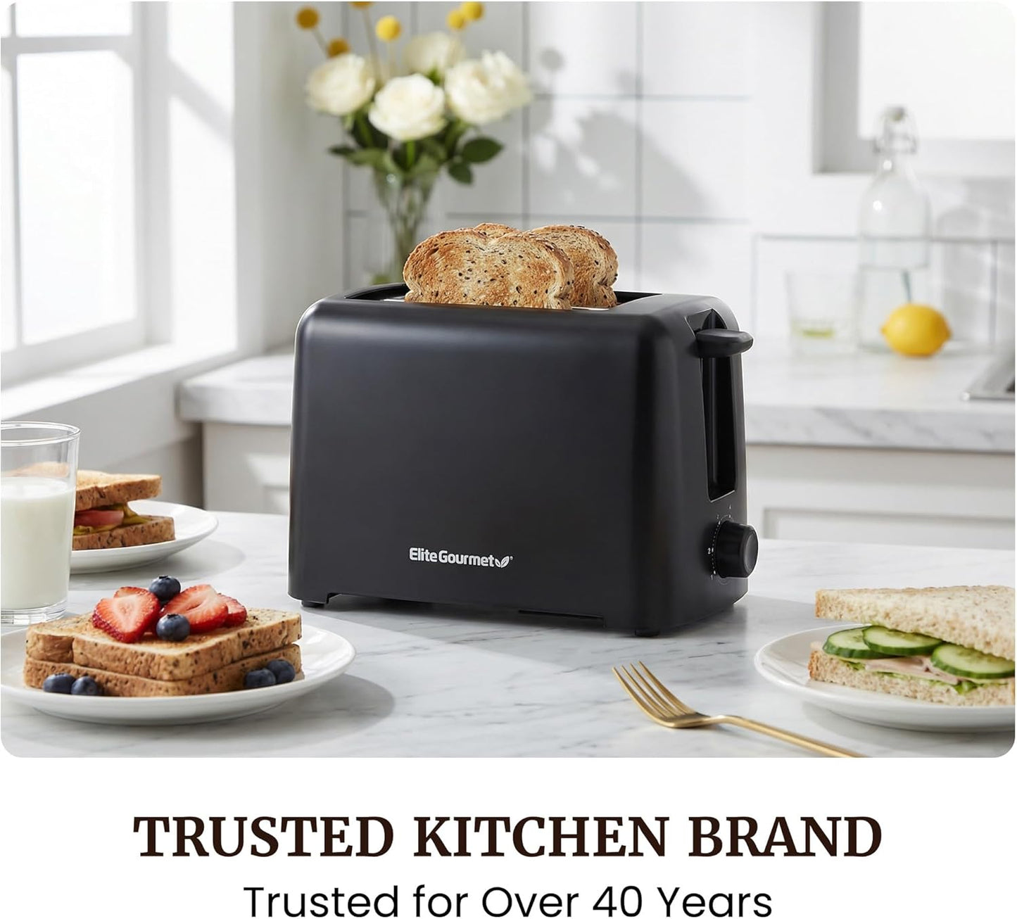 Elite Gourmet 2-Slice Cool Touch Toaster 6 Browning Levels, Extra Wide 1.25 Slots for Bagels & Thick Bread, Cancel Function, Compact, ETL