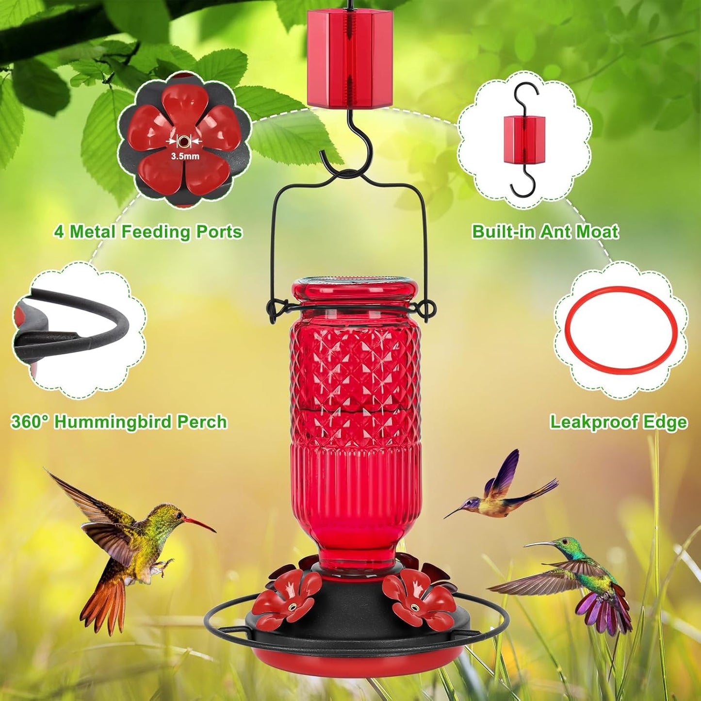 FEED GARDEN Glass Hummingbird Feeder, 16oz Outdoor Hanging Bird Feeder with Ant Moat, 4 Bee-Proof Feeding Ports, 360 Perch, Leak-Proof, Red
