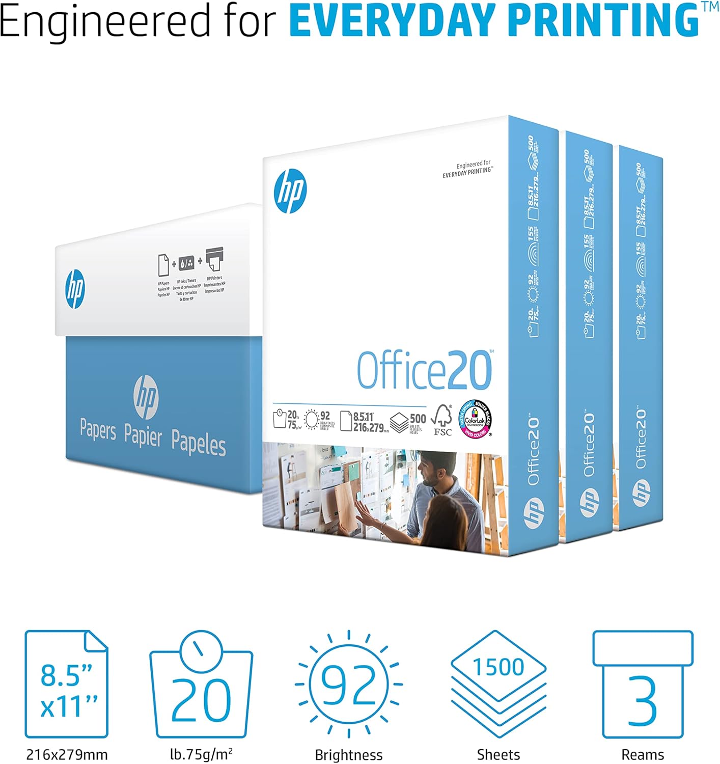 HP Printer Paper, 8.5 x 11 Paper, Office 20 lb, 3 Ream Case - 1500 Sheets, 92 Bright, Made in USA - FSC Certified, 112090C, White