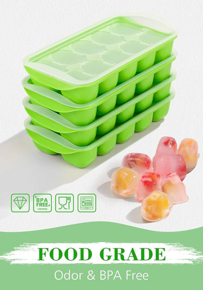 DOQAUS Ice Cube Tray with Lid and Bin - 4 Pack Ice Bucket Kits, Stackable Silicone Ice Trays for Freezer, Easy Pop Out, BPA Free for Cocktail