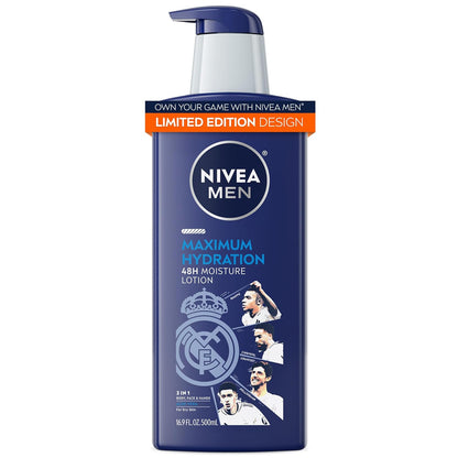NIVEA MEN Real Madrid Limited Edition Design Maximum Hydration 48-Hour Moisture Body Lotion for Dry Skin, Aloe Vera Lotion for Men, 3-in-1