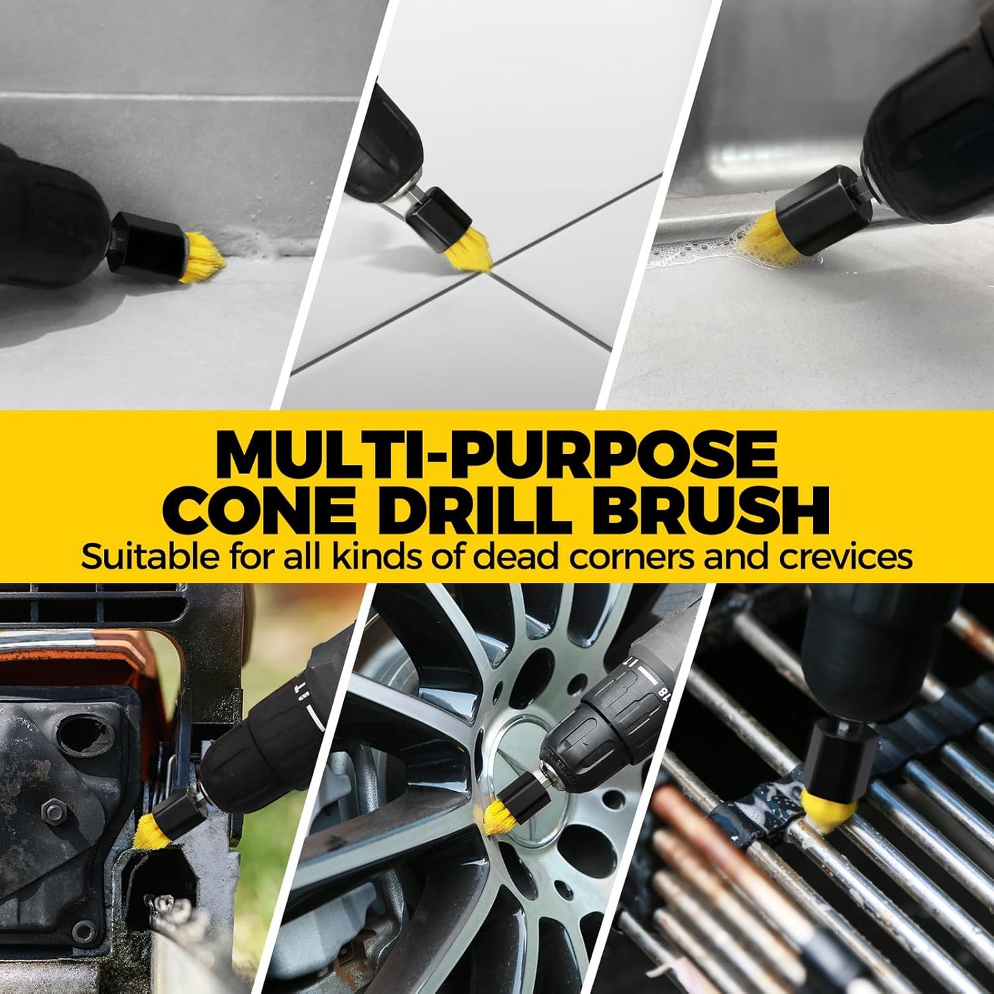 Holikme 6Pack Drill Brush Power Scrubber Cleaning Brush Extended Long Attachment Set All Purpose Drill Scrub Brushes Kit for Grout, Floor