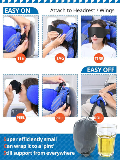 SARISUN Travel Pillows for Airplanes, Airplane Pillow for Long Flight, Airplane Head Strap with Eye Mask for