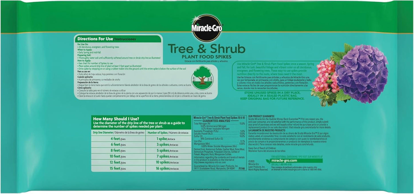 Miracle-Gro Tree and Shrub Plant Food Spikes - Deciduous, Flowering & Evergreen Tree Fertilizer Spikes, Hydrangeas, and Acid-Loving Plants, 12