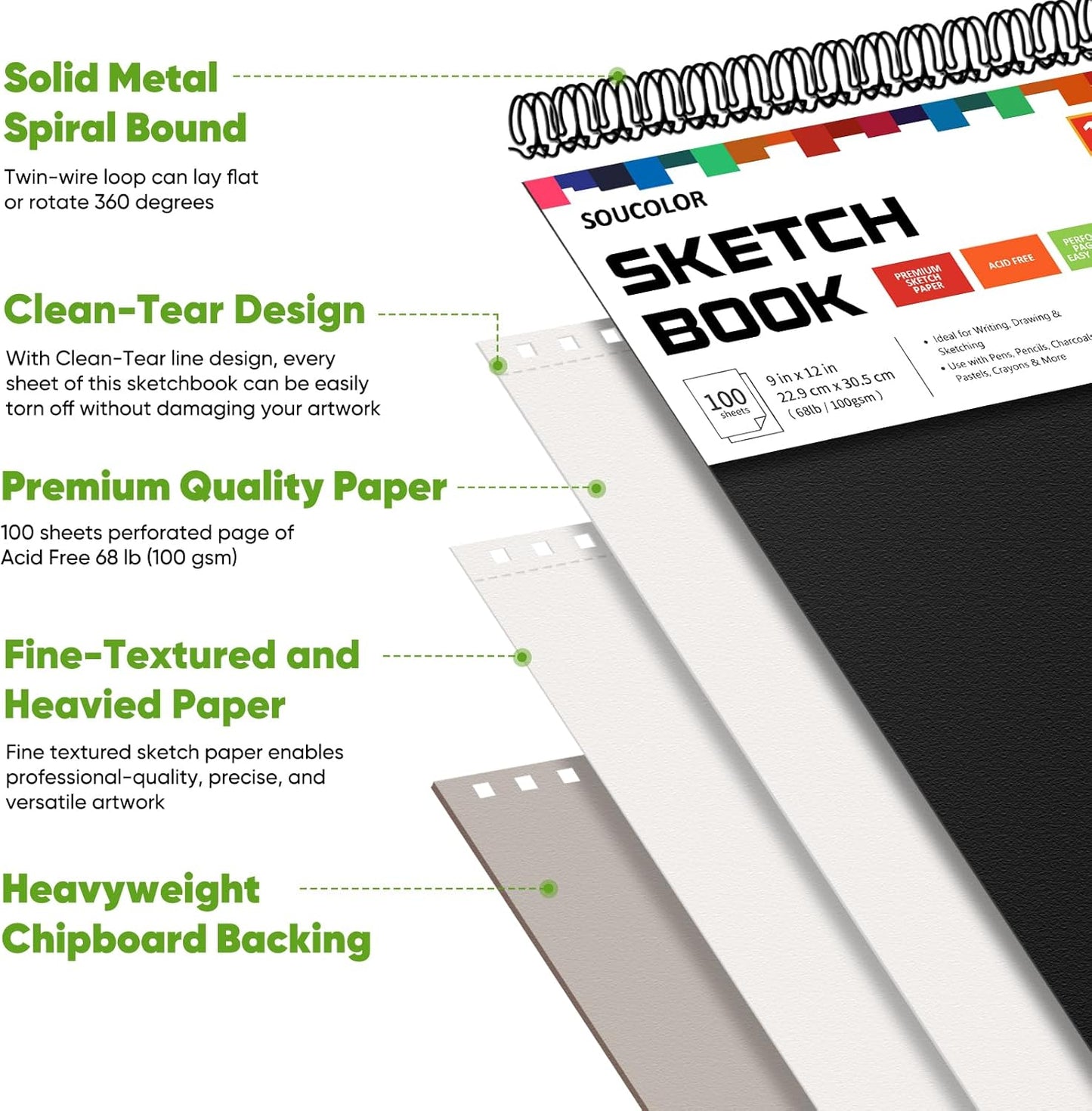 Soucolor 9" x 12" Sketch Book, 100 Sheets Top Spiral Bound Sketchbook with Acid-Free 68lb/100gsm Thick Drawing Paper, Art Sketch Pad for