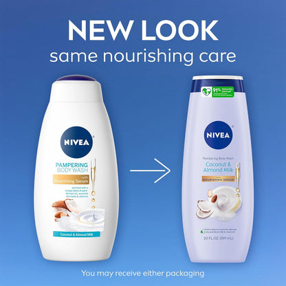 NIVEA Pampering Coconut and Almond Milk Body Wash with Nourishing Serum, Moisturizing Body Wash for Women, Enriched with Provitamin B5 and Vitamin