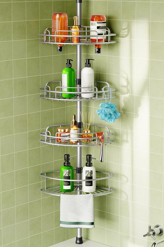 HAMITOR Corner Shower Caddy Tension Pole: 4-Tier Rust-Resistant Adjustable Bathroom Organizer Shelves - 47-121 Inch No-Drill Quick Installation -