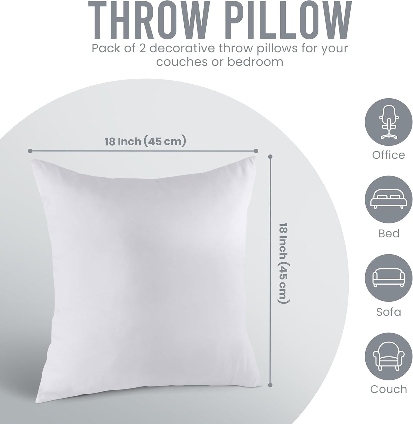 Utopia Bedding 18x18 Pillow Inserts, Set of 2, White Indoor Decorative Throw Pillows for Bed, Sofa & Couch Soft, Supportive & Fluffy Cushion Inserts