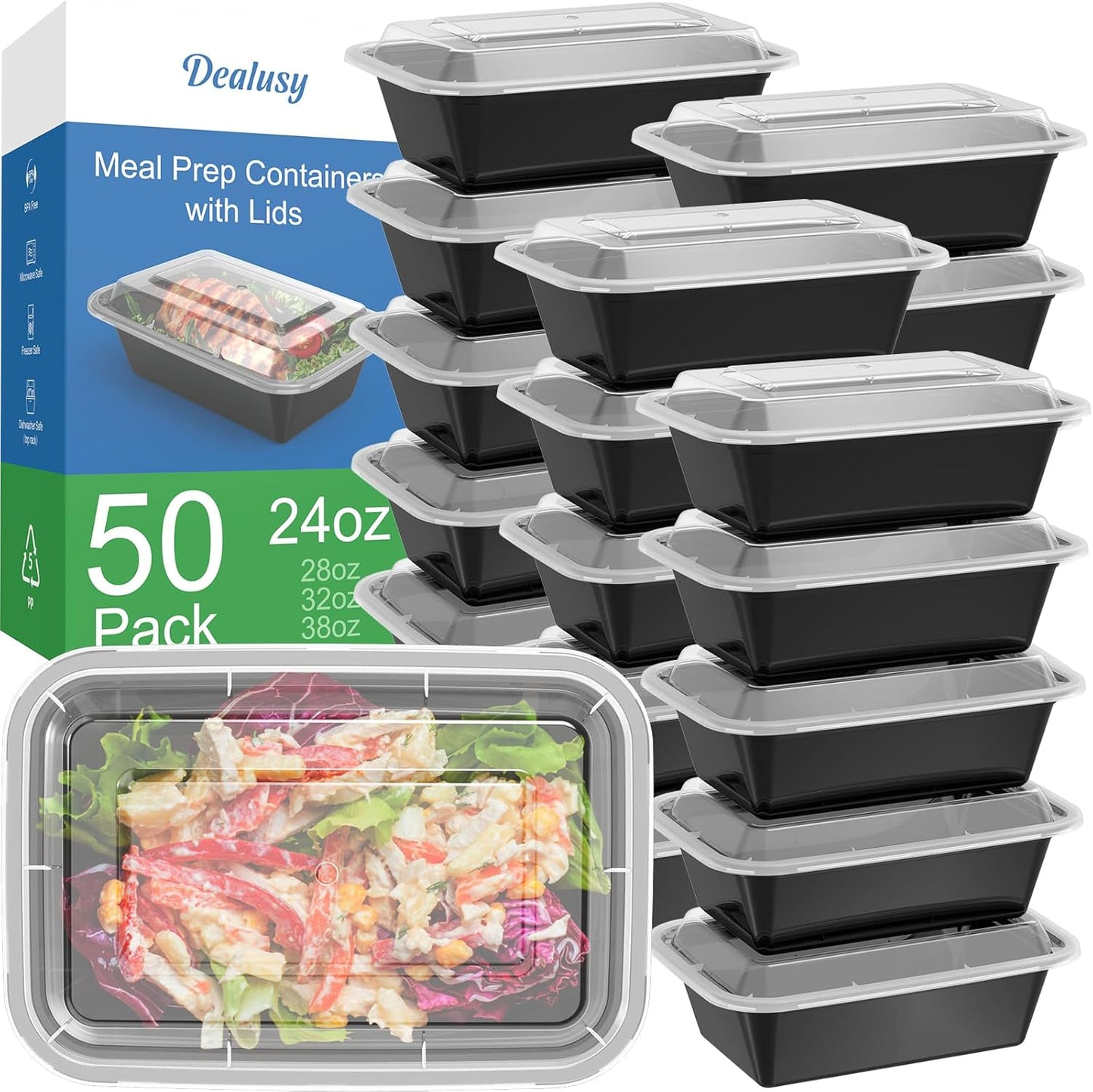 Dealusy 50 Pack (100-Piece) 24 oz Meal Prep Containers Reusable with Lids, Sturdy Leakproof & Food Safe, Microwave