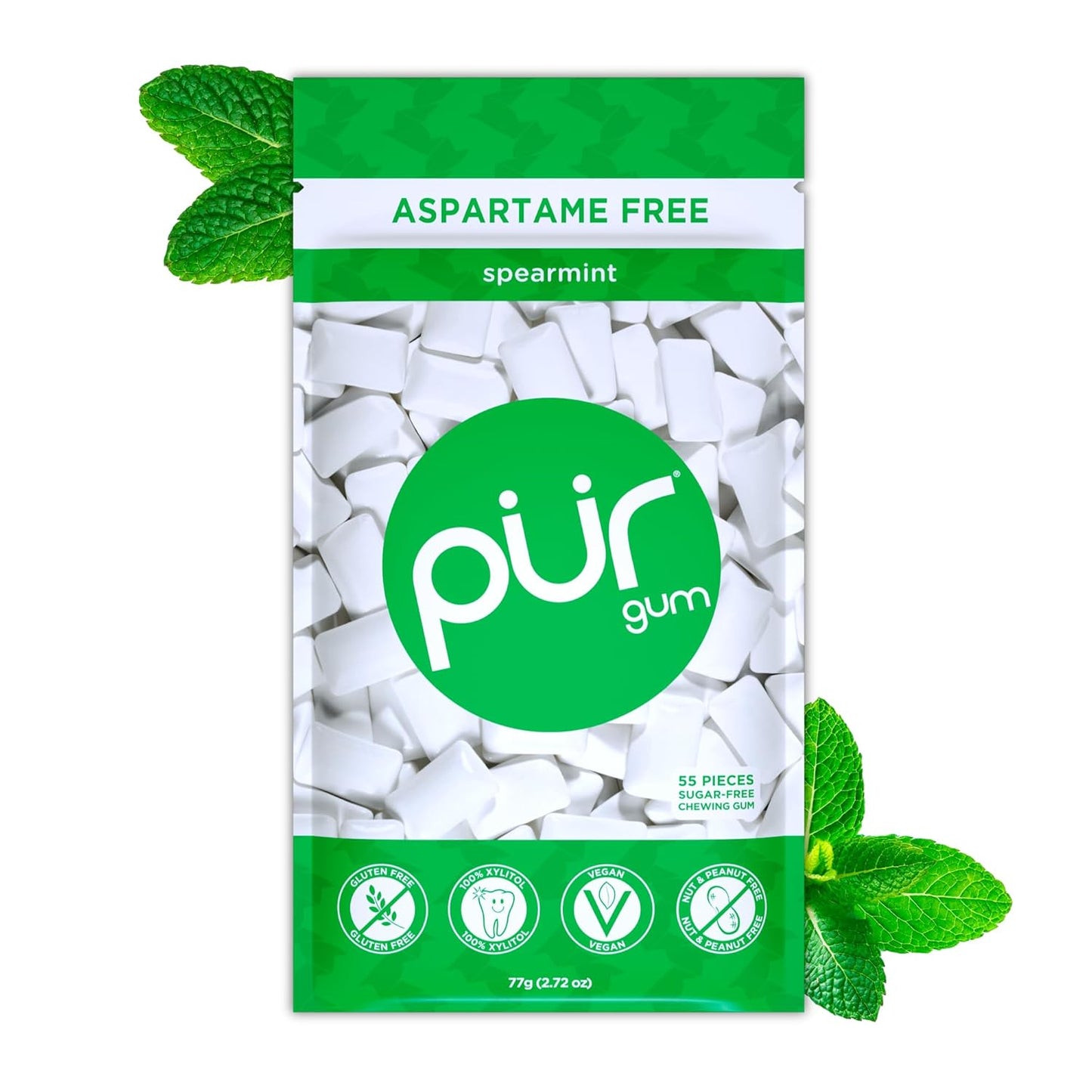 PUR Gum, Aspartame Free Chewing Gum, 100% Xylitol, Natural Spearmint Flavored Gum, 55 Pieces