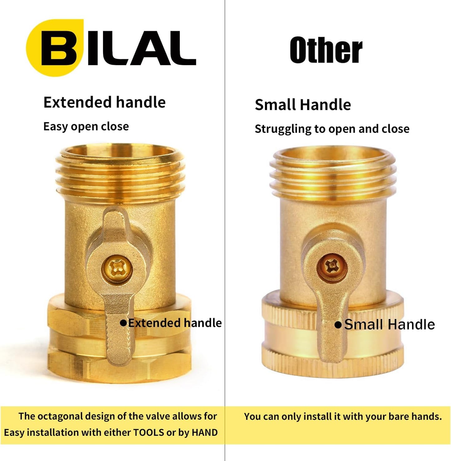 2 Pack Garden Hose Shut Off Valve - Extended Handle - 3/4" Heavy Duty Solid Brass Hose Connector Water Shut Off Valve Hose Shutoff Valve with 4 Pcs