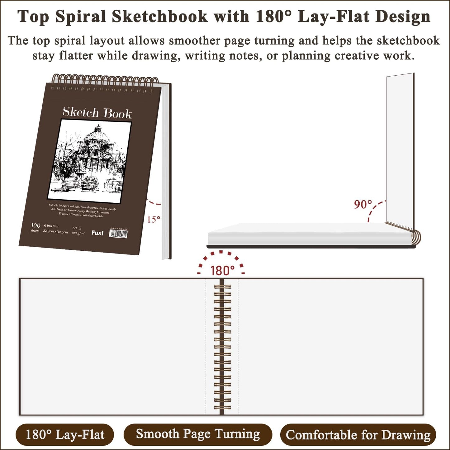 Fuxi 9" x 12" Sketch Book, Top Spiral Bound Sketch Pad, 100 Sheets 68lb/100gsm Acid-Free Drawing