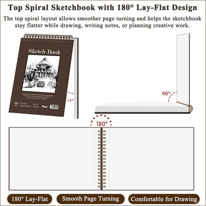 Fuxi 9" x 12" Sketch Book, Top Spiral Bound Sketch Pad, 100 Sheets 68lb/100gsm Acid-Free Drawing