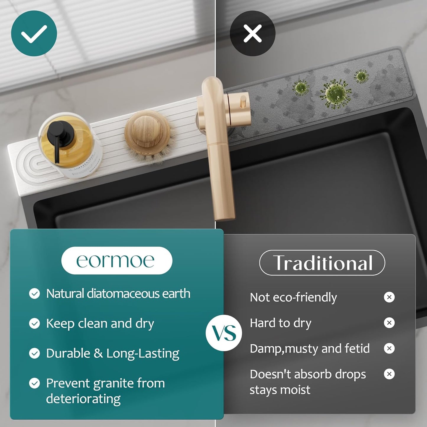 Eormoe Faucet Mat for Kitchen Sink Diatomite Stone Drying Mat & Sink