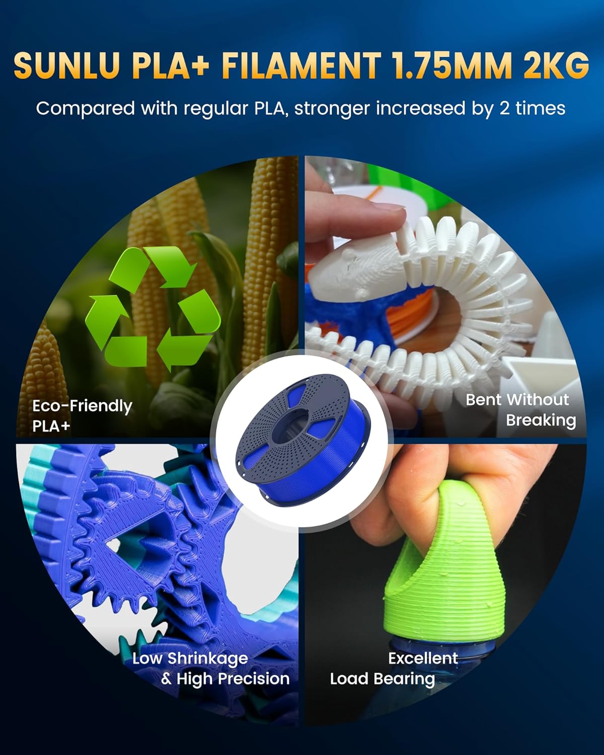 SUNLU PLA+2.0 3D Printer Filament Bundle, 4KG Upgrade PLA+ Filament 1.75mm, Tougher and Stronger, Dimensional Accuracy +/-0.02mm, 1KG per