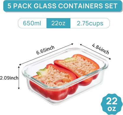 Vtopmart 5Pack 22oz Glass Storage Containers with Lids, Glass Meal Prep Food Container Sets with Snap Airtight Lids for Microwave