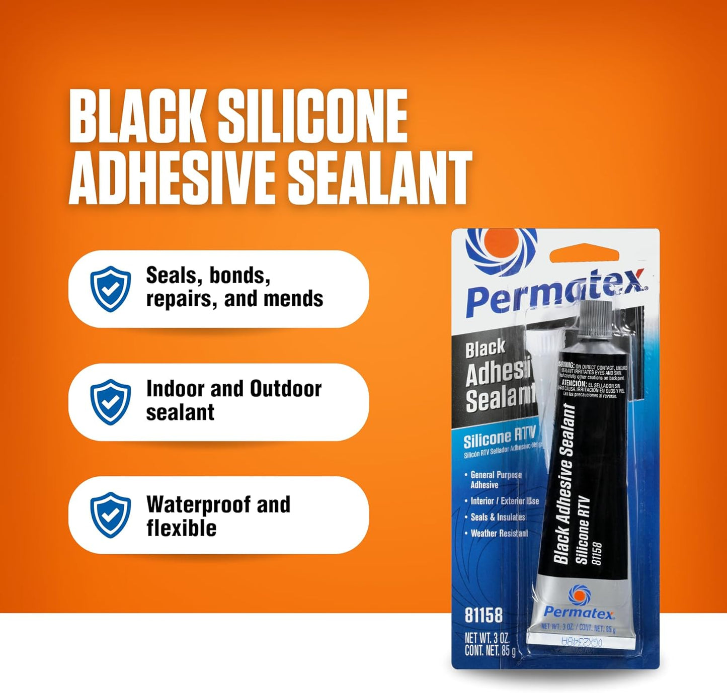 Permatex 81158 Black Silicone Adhesive Sealant, 3 oz. Tube