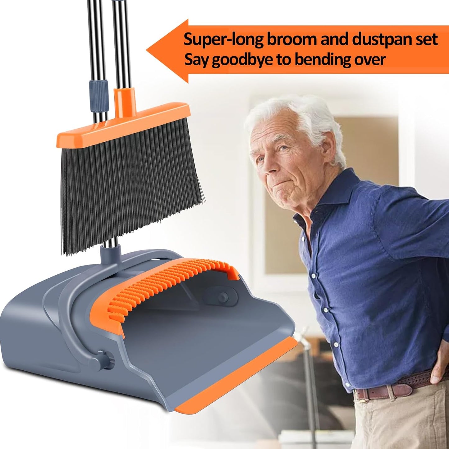 kelamayi Upgrade Broom and Dustpan Set, Self-Cleaning with Dustpan Teeth, Indoor&Outdoor Sweeping, Ideal for Dog Cat Pets Home