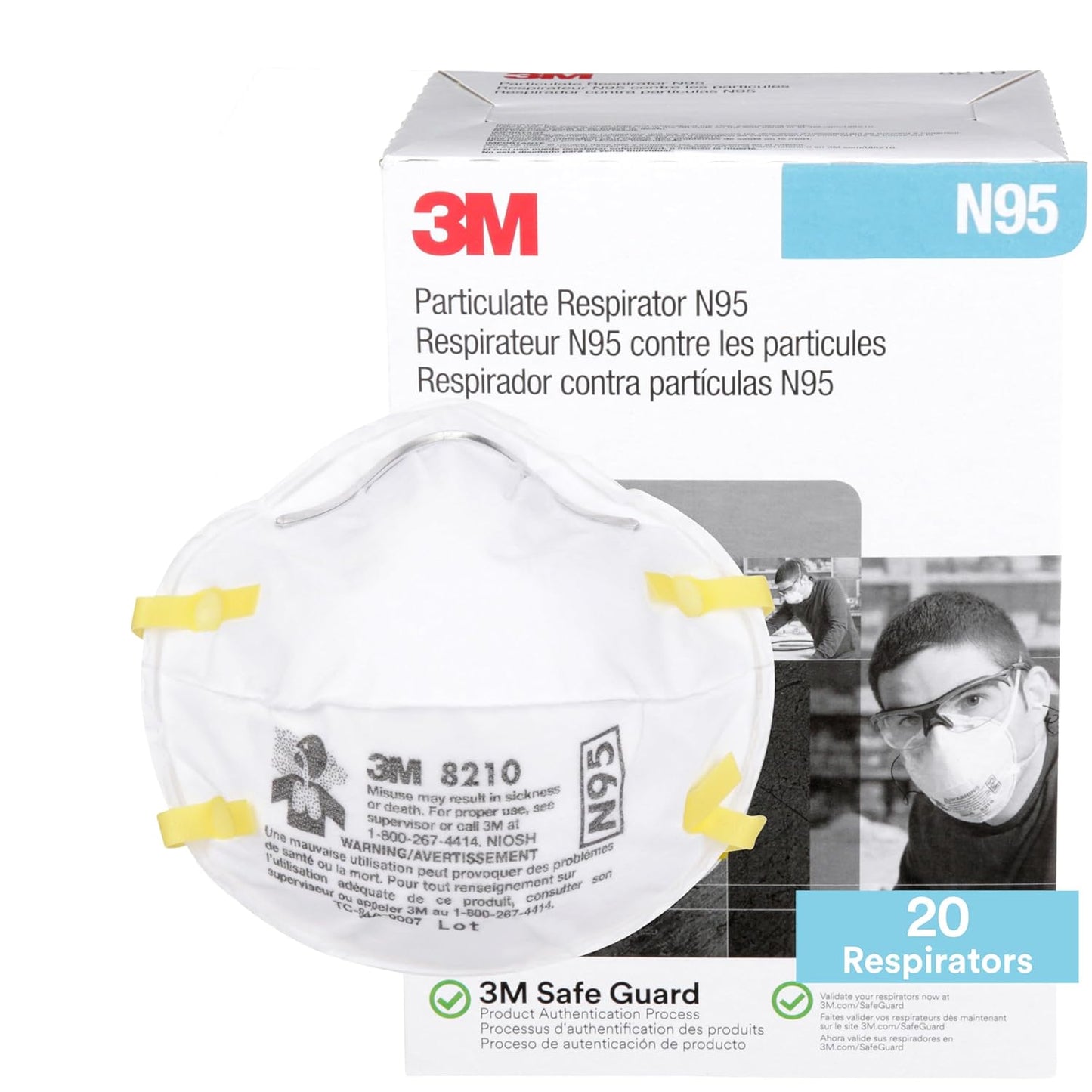 3M 8210 Particulate Respirator, N95, Pack of 20 Disposable Respirator, NIOSH APPROVED, Two-Strap Cup Style