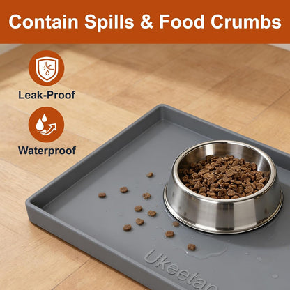 ukeetap Extra Thick Silicone Mat Waterproof with Raised Edge 19 x 12, BPA Free Non-Slip Dog & Cat Food Mat, Feeding Mat for Food and Water