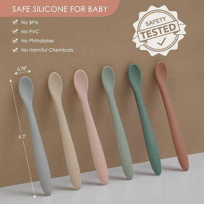 6-Piece Silicone Baby Feeding Spoons, First Stage Infant Spoons, Soft-Tip Easy on Gums I Baby Training Spoon, Infant Utensils Feeding