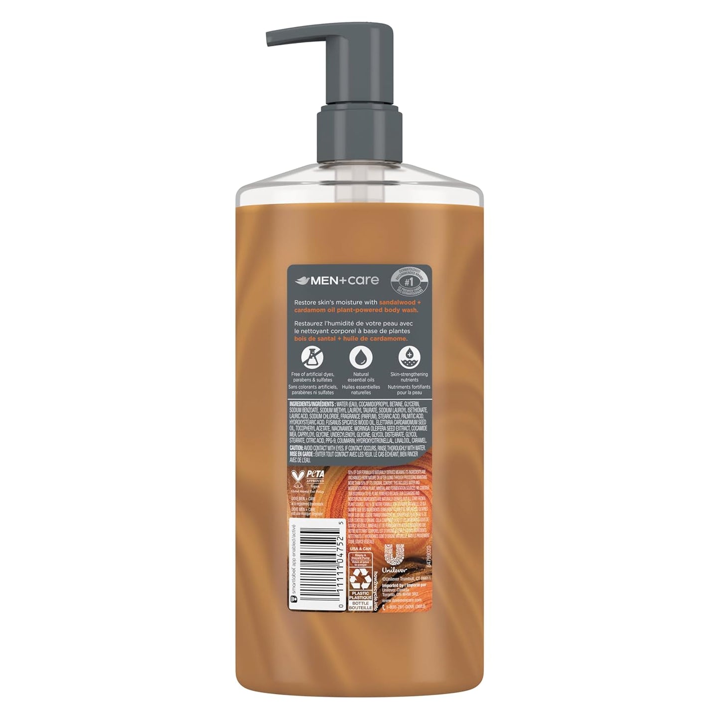 DOVE MEN Moisturizing Body Wash, Dermatologist Body Wash for Men, Sulfate Free, Paraben Free, & Dye Free, Sandalwood + Cardamom Oil, 26oz