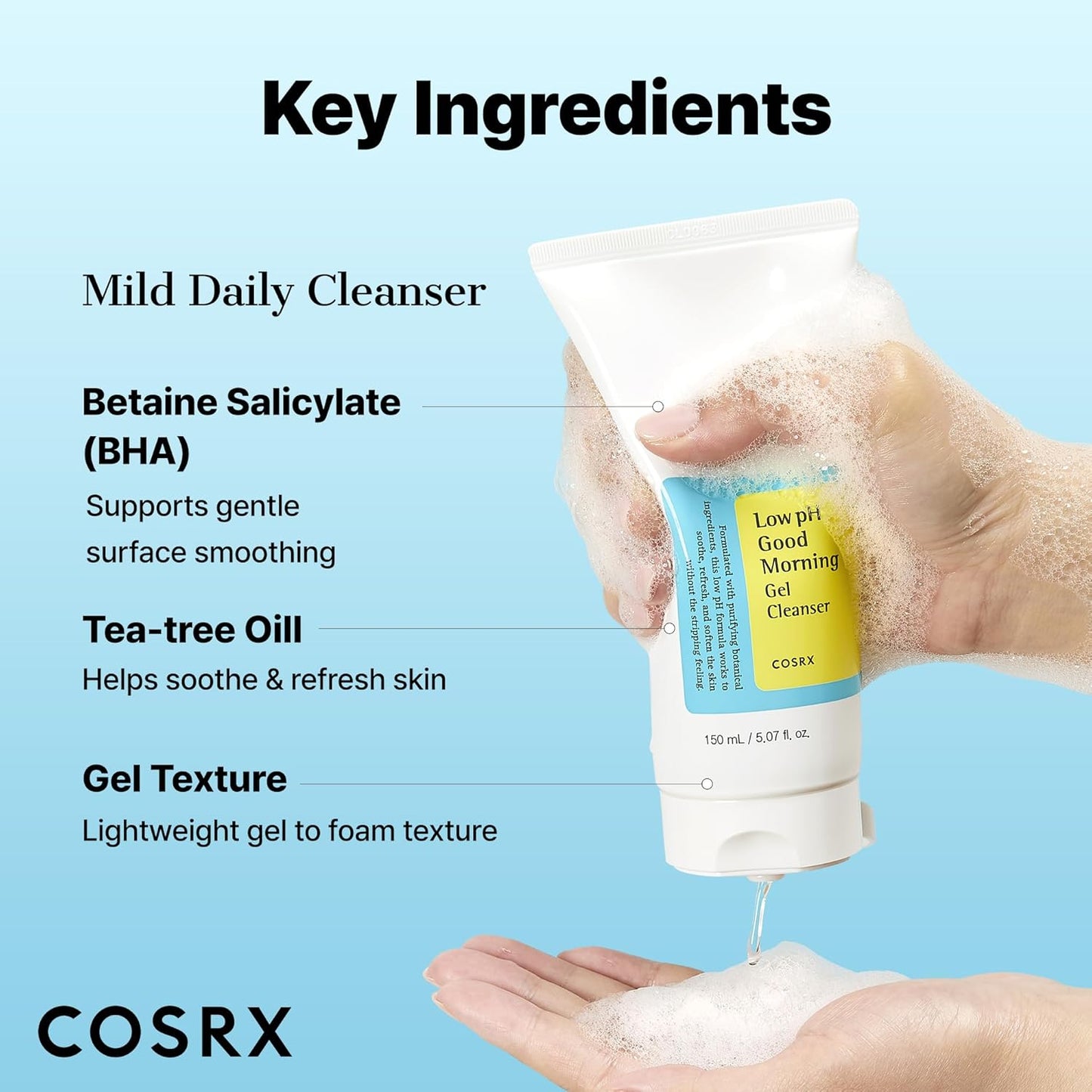 COSRX Low pH Good Morning Gel Face Cleanser, 5.07 fl oz, BHA Face Wash, Daily Mild Face Cleanser for Sensitive Skin, PH Balancing, Korean Skin