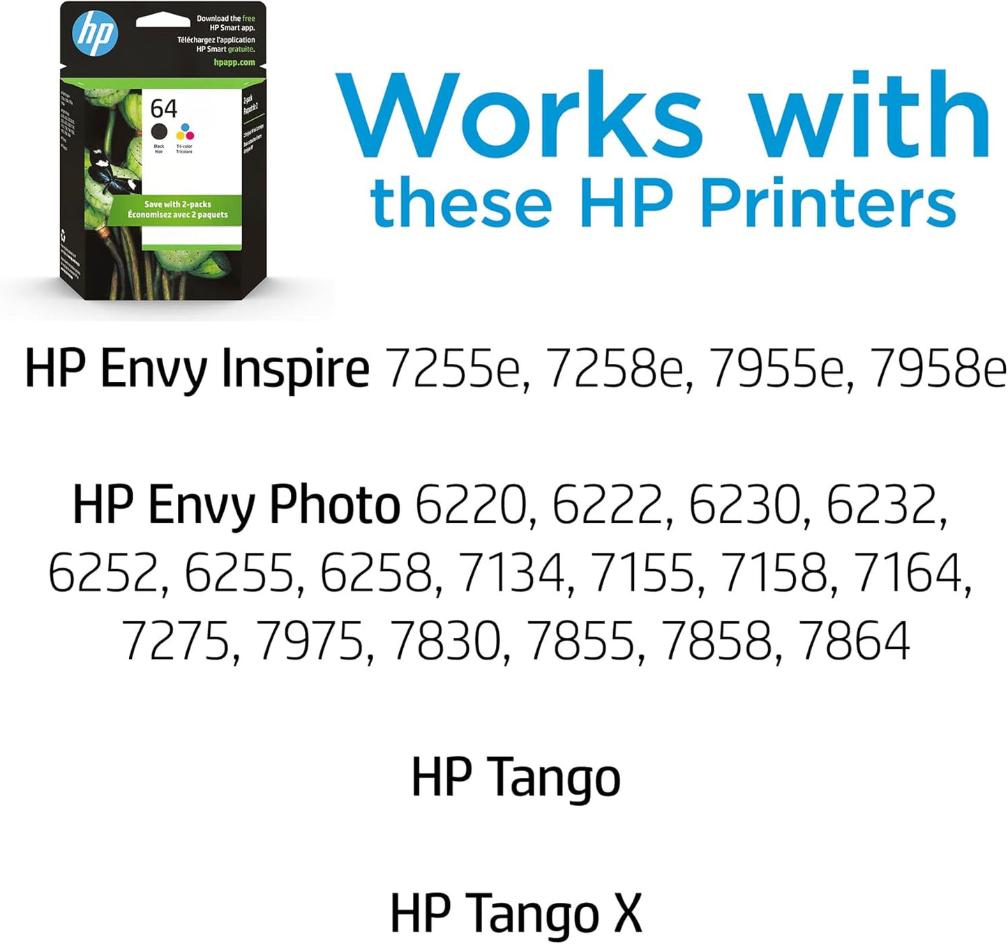HP 64 Black & Tri-Color Ink Cartridges Printers (Combo Pack), Works with Printer Series: Inspire 7950e; Envy Photo 6200, 7100, 7800;