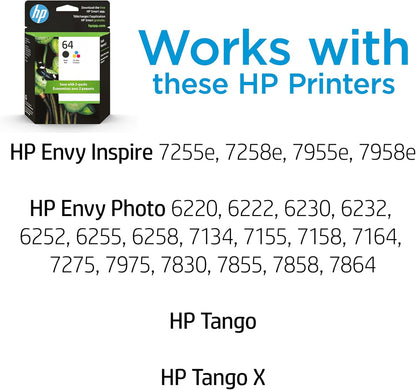 HP 64 Black & Tri-Color Ink Cartridges Printers (Combo Pack), Works with Printer Series: Inspire 7950e; Envy Photo 6200, 7100, 7800;