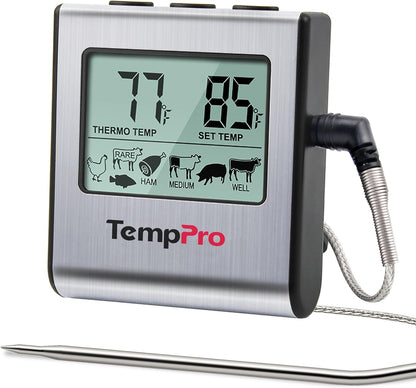 TempPro TP16 Large LCD Digital Cooking Food Meat Thermometer for Smoker Oven Kitchen BBQ Grill Thermometer Clock Timer with Stainless Steel
