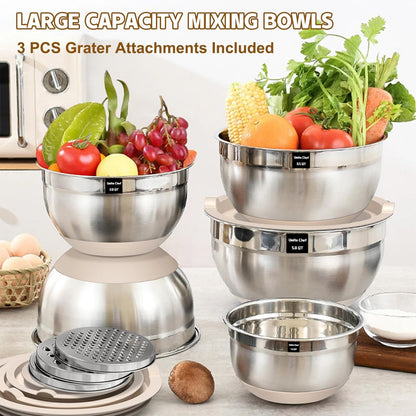 Umite Chef Mixing Bowls with Airtight Lids Set, 8PCS Stainless Steel Khaki Nesting Bowls with Grater Attachments, Kitchen Bowls with Non-Slip