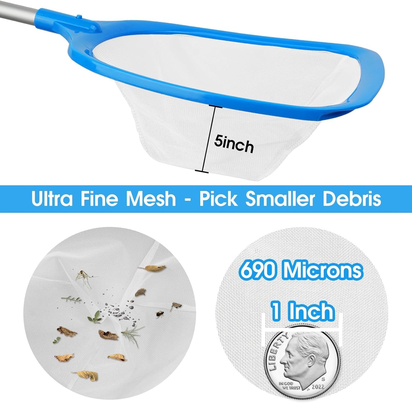 TidyMister Hot Tub Skimmer Spa Net with 12'' Aluminum Pole Ultra Fine Mesh Net Handy Leaf Skimmer for Small Above Ground Pools Pick Up Fine Debris